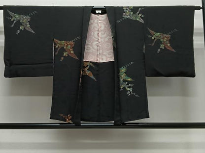 平和屋着物＃羽織　寿光織　飛鶴花文　黒地　金銀糸　正絹　逸品　CABE4936ua