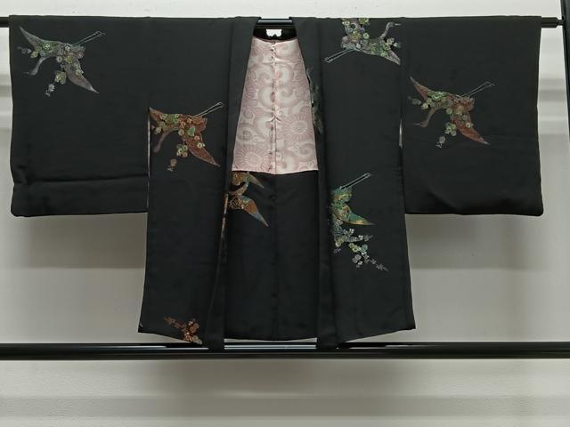 平和屋着物＃羽織　寿光織　飛鶴花文　黒地　金銀糸　正絹　逸品　CABE4936ua