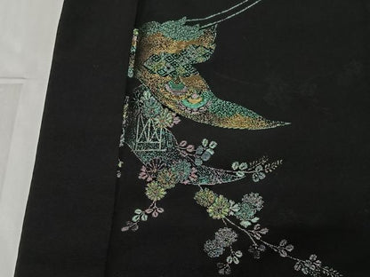 平和屋着物＃羽織　寿光織　飛鶴花文　黒地　金銀糸　正絹　逸品　CABE4936ua