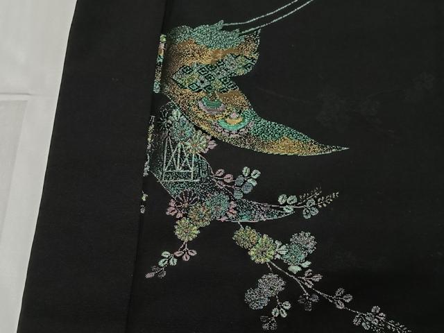 平和屋着物＃羽織　寿光織　飛鶴花文　黒地　金銀糸　正絹　逸品　CABE4936ua
