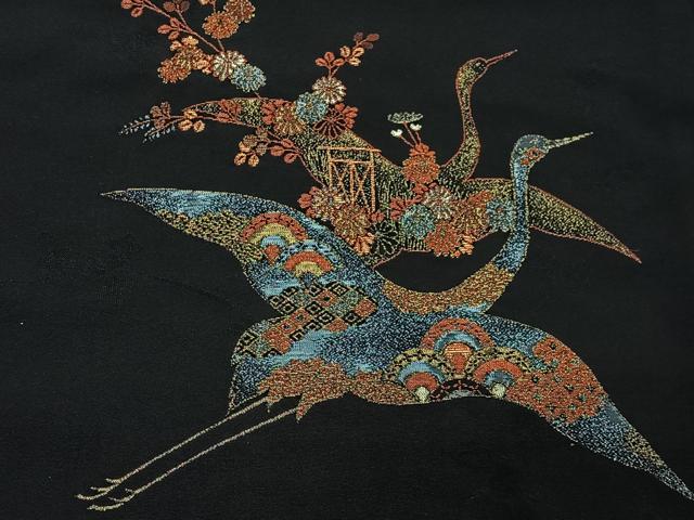 平和屋着物＃羽織　寿光織　飛鶴花文　黒地　金銀糸　正絹　逸品　CABE4936ua