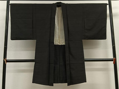 平和屋着物∞男性　長羽織　紬地　暗黒色　正絹　逸品　CABE4943ua