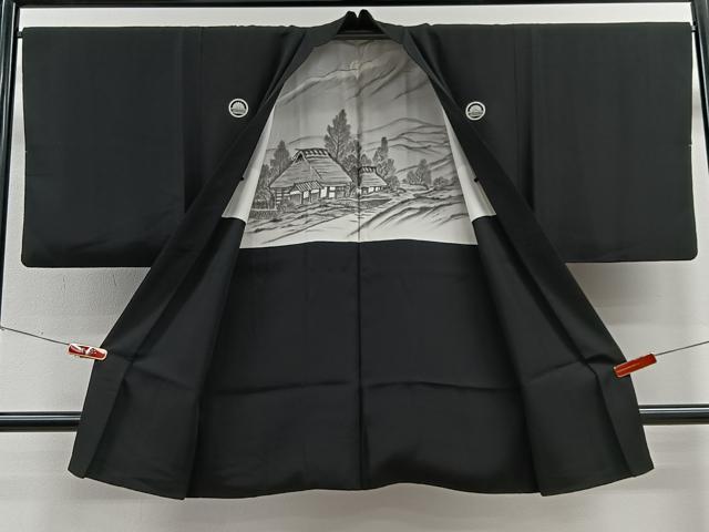 平和屋着物∞男性　長羽織　作家物　黒紋付　羽裏：風景文　正絹　逸品　CABE4947ua