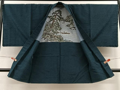 平和屋着物∞男性　長羽織　髭紬　高麗納戸色　正絹　逸品　未使用　CABE4949ua
