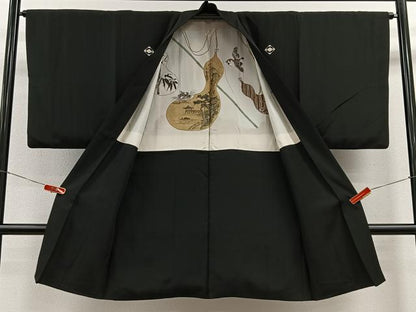 平和屋着物∞男性　長羽織　黒紋付　羽裏：瓢箪　正絹　逸品　CABE4957ua