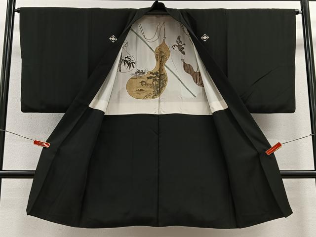 平和屋着物∞男性　長羽織　黒紋付　羽裏：瓢箪　正絹　逸品　CABE4957ua