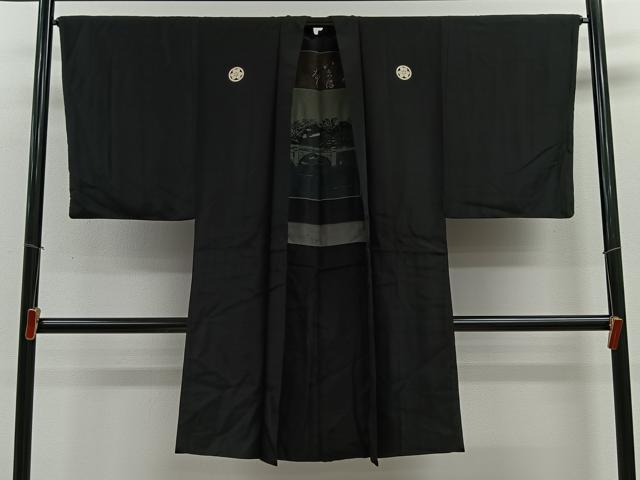 平和屋着物∞男性　長羽織　黒紋付　羽裏：風景文　正絹　逸品　CABE4958ua