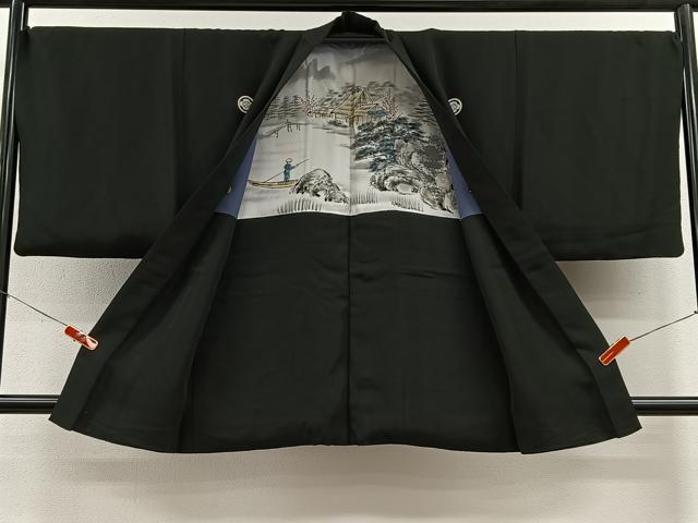 平和屋着物∞男性　羽織　黒紋付　羽裏：人物風景文　正絹　逸品　CABE4966ua
