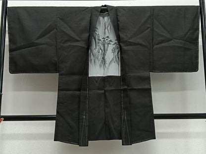 平和屋着物∞男性　長羽織　紬地　黒色　正絹　逸品　CABE4986ua