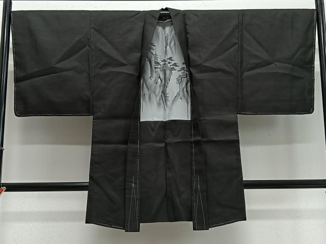 平和屋着物∞男性　長羽織　紬地　黒色　正絹　逸品　CABE4986ua
