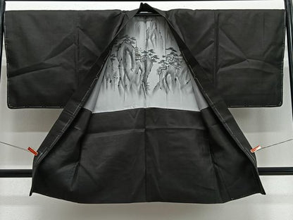 平和屋着物∞男性　長羽織　紬地　黒色　正絹　逸品　CABE4986ua