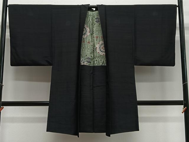 平和屋着物∞男性　長羽織　紬地　暗黒色　正絹　逸品　CABE4987ua