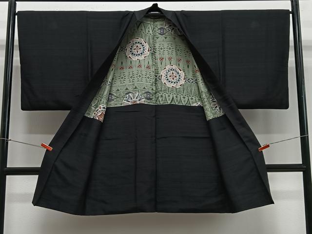 平和屋着物∞男性　長羽織　紬地　暗黒色　正絹　逸品　CABE4987ua
