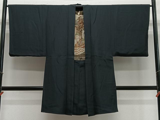 平和屋着物∞男性　長羽織　黒色　羽裏：七福神　正絹　逸品　CABE4988ua