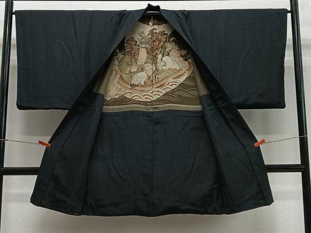 平和屋着物∞男性　長羽織　黒色　羽裏：七福神　正絹　逸品　CABE4988ua