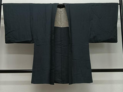 平和屋着物∞男性　長羽織　髭紬　黒色　正絹　逸品　CABE4990ua
