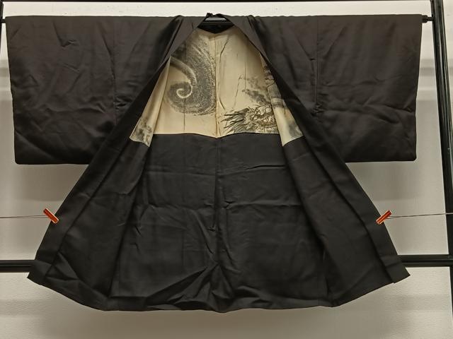 平和屋着物∞男性　長羽織　赤墨色　羽裏：龍　正絹　逸品　CABE4996ua