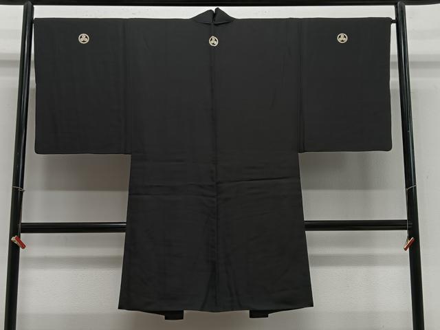 平和屋着物∞男性　長羽織　黒紋付　羽裏：風景文　正絹　逸品　CABE4997ua