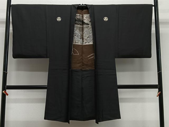平和屋着物∞男性　長羽織　黒紋付　羽裏：風景文　正絹　逸品　CABE4997ua