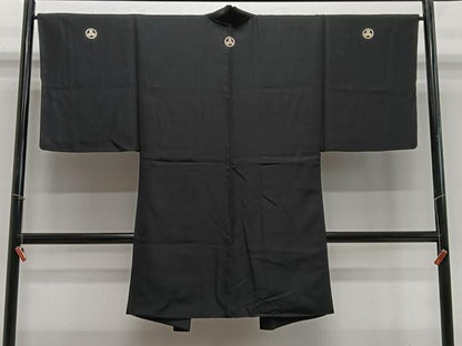 平和屋着物∞男性　長羽織　黒紋付　羽裏　絵巻文　正絹　逸品　CABE4998ua