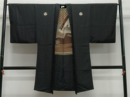 平和屋着物∞男性　長羽織　黒紋付　羽裏　絵巻文　正絹　逸品　CABE4998ua