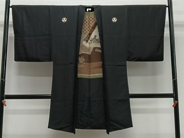 平和屋着物∞男性　長羽織　黒紋付　羽裏　絵巻文　正絹　逸品　CABE4998ua