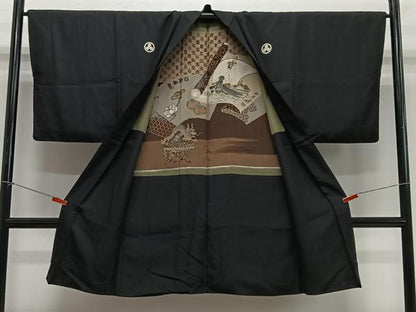 平和屋着物∞男性　長羽織　黒紋付　羽裏　絵巻文　正絹　逸品　CABE4998ua