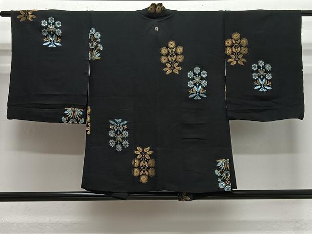 平和屋着物＃羽織　単衣　寿光織　草花文　黒地　金糸　正絹　逸品　CABE5019ua