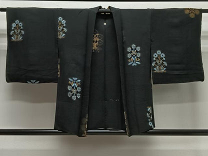 平和屋着物＃羽織　単衣　寿光織　草花文　黒地　金糸　正絹　逸品　CABE5019ua