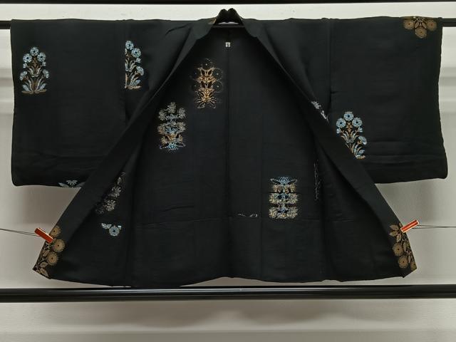 平和屋着物＃羽織　単衣　寿光織　草花文　黒地　金糸　正絹　逸品　CABE5019ua