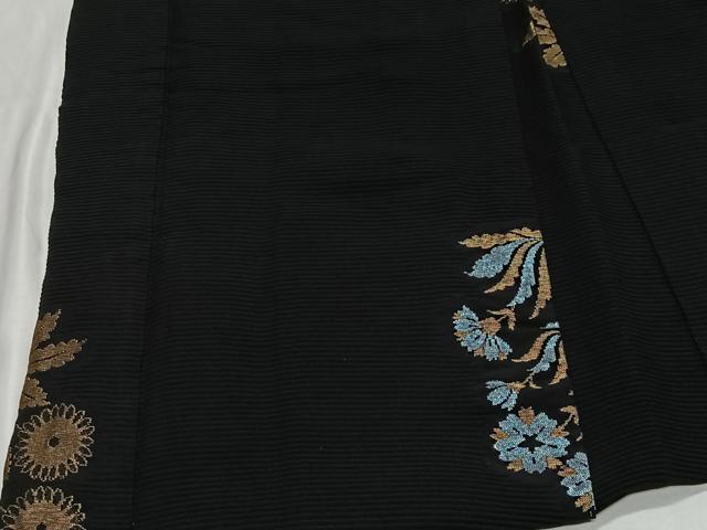 平和屋着物＃羽織　単衣　寿光織　草花文　黒地　金糸　正絹　逸品　CABE5019ua