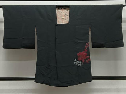 平和屋着物＃道行コート　刺繍　絞り　バラ　黒地　正絹　逸品　CABE5034ua