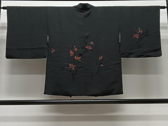 平和屋着物＃羽織　総刺繍　草花文　黒地　正絹　逸品　CABE5036ua