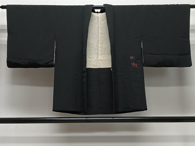 平和屋着物＃羽織　総刺繍　草花文　黒地　正絹　逸品　CABE5036ua