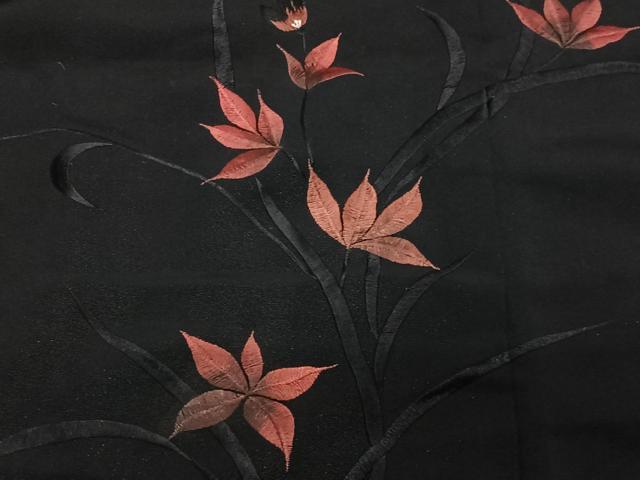 平和屋着物＃羽織　総刺繍　草花文　黒地　正絹　逸品　CABE5036ua