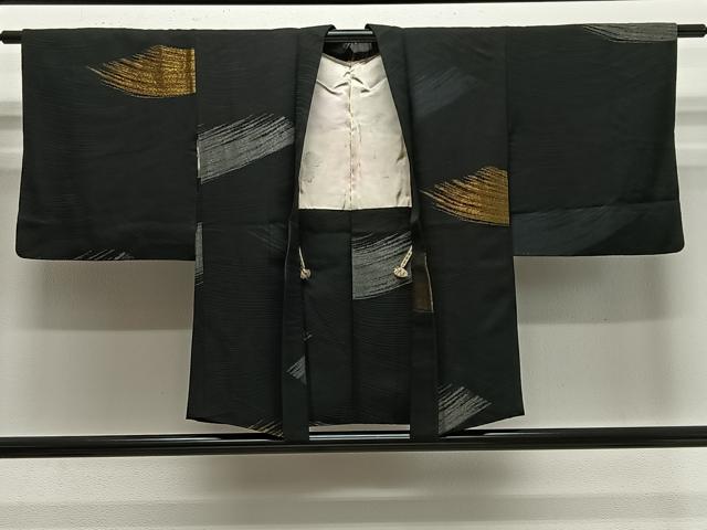 平和屋着物＃羽織　寿光織　抽象文　黒地　金銀糸　正絹　逸品　CABE5039ua