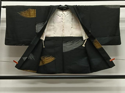 平和屋着物＃羽織　寿光織　抽象文　黒地　金銀糸　正絹　逸品　CABE5039ua