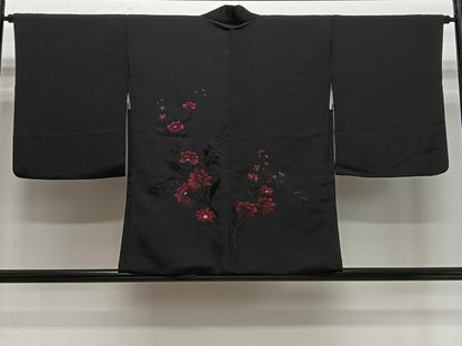 平和屋着物＃羽織　総刺繍　草花文　黒地　正絹　逸品　未使用　CABE5041ua