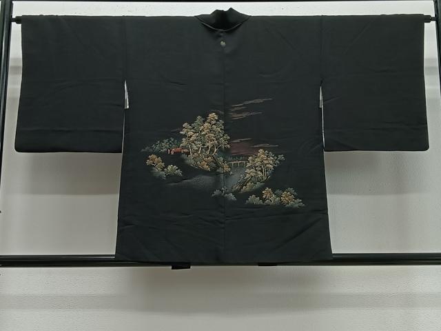 平和屋着物＃羽織　寿光織　人物風景文　黒地　金糸　正絹　逸品　CABE5044ua