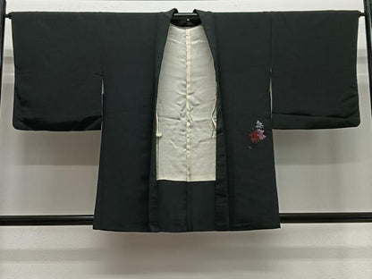 平和屋着物＃羽織　総刺繍　草花文　黒地　正絹　逸品　CABE5045ua