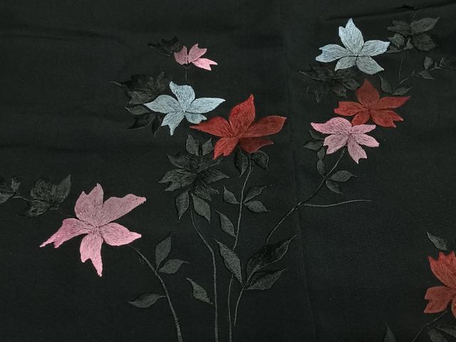 平和屋着物＃羽織　総刺繍　草花文　黒地　正絹　逸品　CABE5045ua