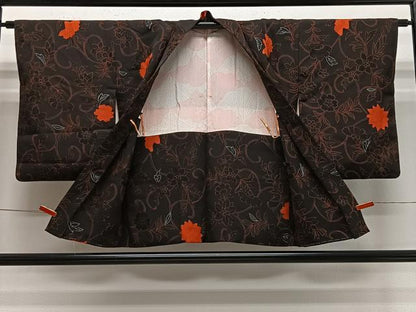 平和屋着物＃羽織　地紋起こし　草花文　黒地　正絹　逸品　CABE5055ua