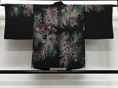 平和屋着物＃羽織　寿光織　孔雀羽文　黒地　金銀糸　正絹　逸品　CABE5061ua