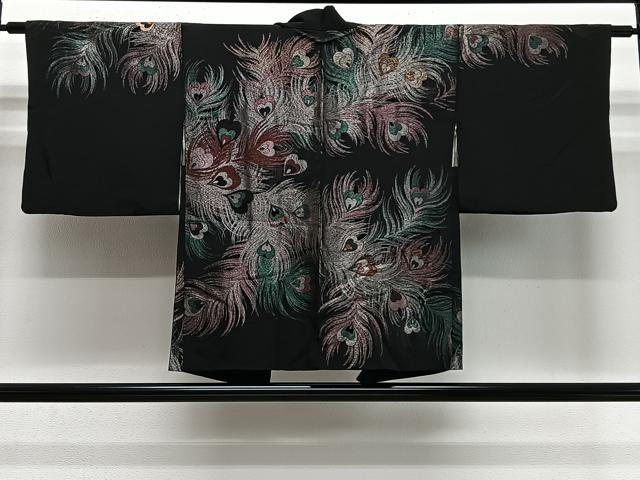 平和屋着物＃羽織　寿光織　孔雀羽文　黒地　金銀糸　正絹　逸品　CABE5061ua