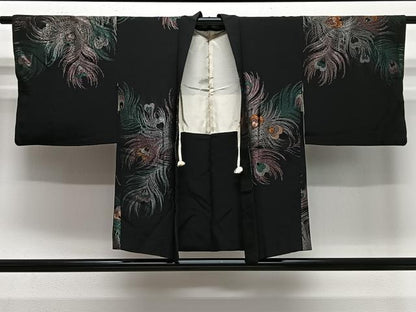 平和屋着物＃羽織　寿光織　孔雀羽文　黒地　金銀糸　正絹　逸品　CABE5061ua