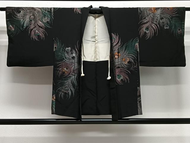 平和屋着物＃羽織　寿光織　孔雀羽文　黒地　金銀糸　正絹　逸品　CABE5061ua