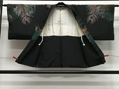 平和屋着物＃羽織　寿光織　孔雀羽文　黒地　金銀糸　正絹　逸品　CABE5061ua