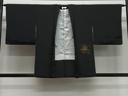平和屋着物＃羽織　寿光織　陶器花文　黒地　金銀糸　正絹　逸品　CABE5063ua