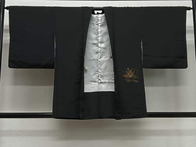 平和屋着物＃羽織　寿光織　陶器花文　黒地　金銀糸　正絹　逸品　CABE5063ua