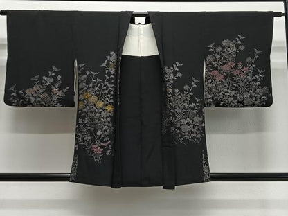 平和屋着物＃羽織　寿光織　草花文　黒地　金糸　正絹　逸品　CABE5072ua